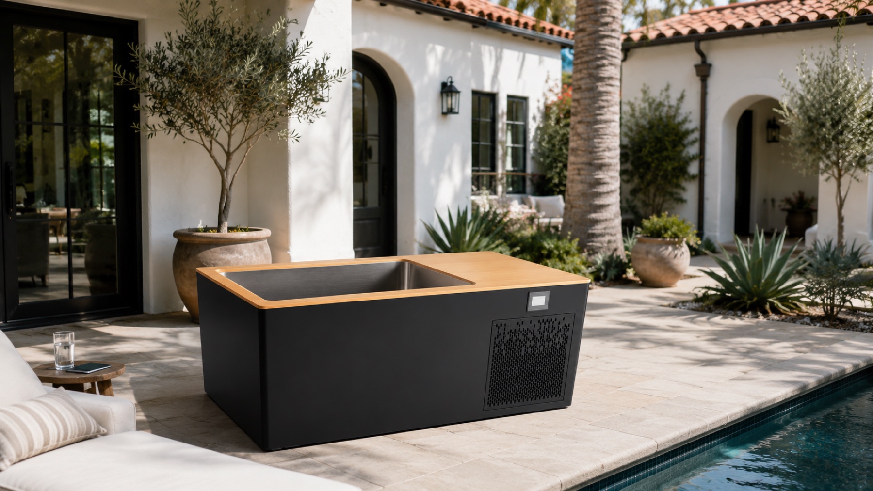 Custom ice plunge installation, Mediterranean estate, Orange County, California
