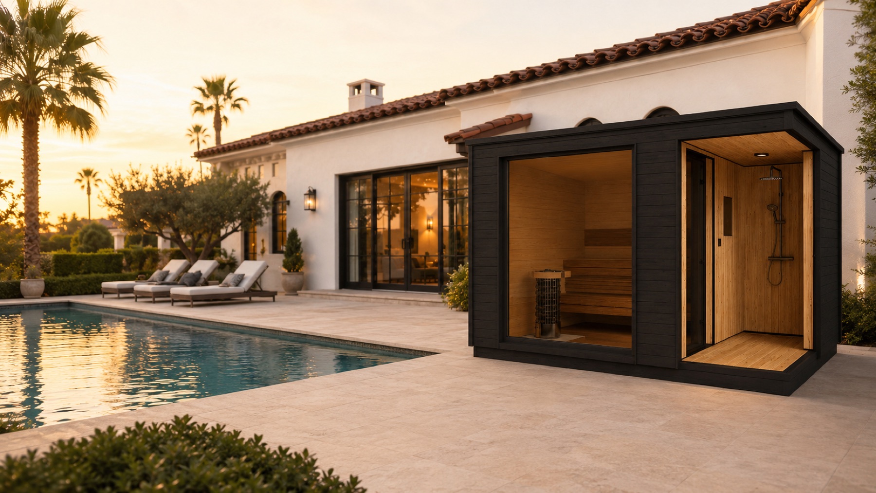 Custom sauna installation at Mediterranean estate, Orange County, California