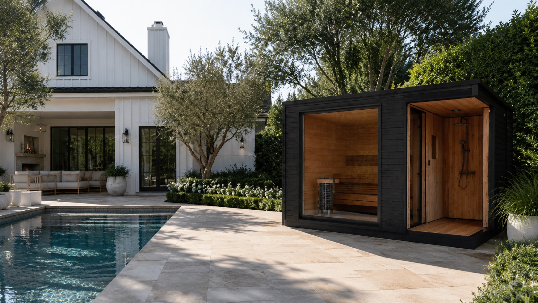 The sauna — exterior detail, modern farmhouse install